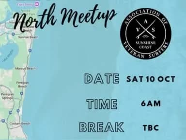 Ist möglicherweise ein Bild von Karte und Text „North ก้ดอสา arpRegih ryy PpuM Meetup Sunrise Beach VETERAN MEINAN COAST INSHINE URILAS N OF MarcuBeach Beath Marcus Peregran Beach Peregian Springs DATE SAT10OCT OCT Conlam CoolamBeach Beach TIME 6AM BREAK TBC“