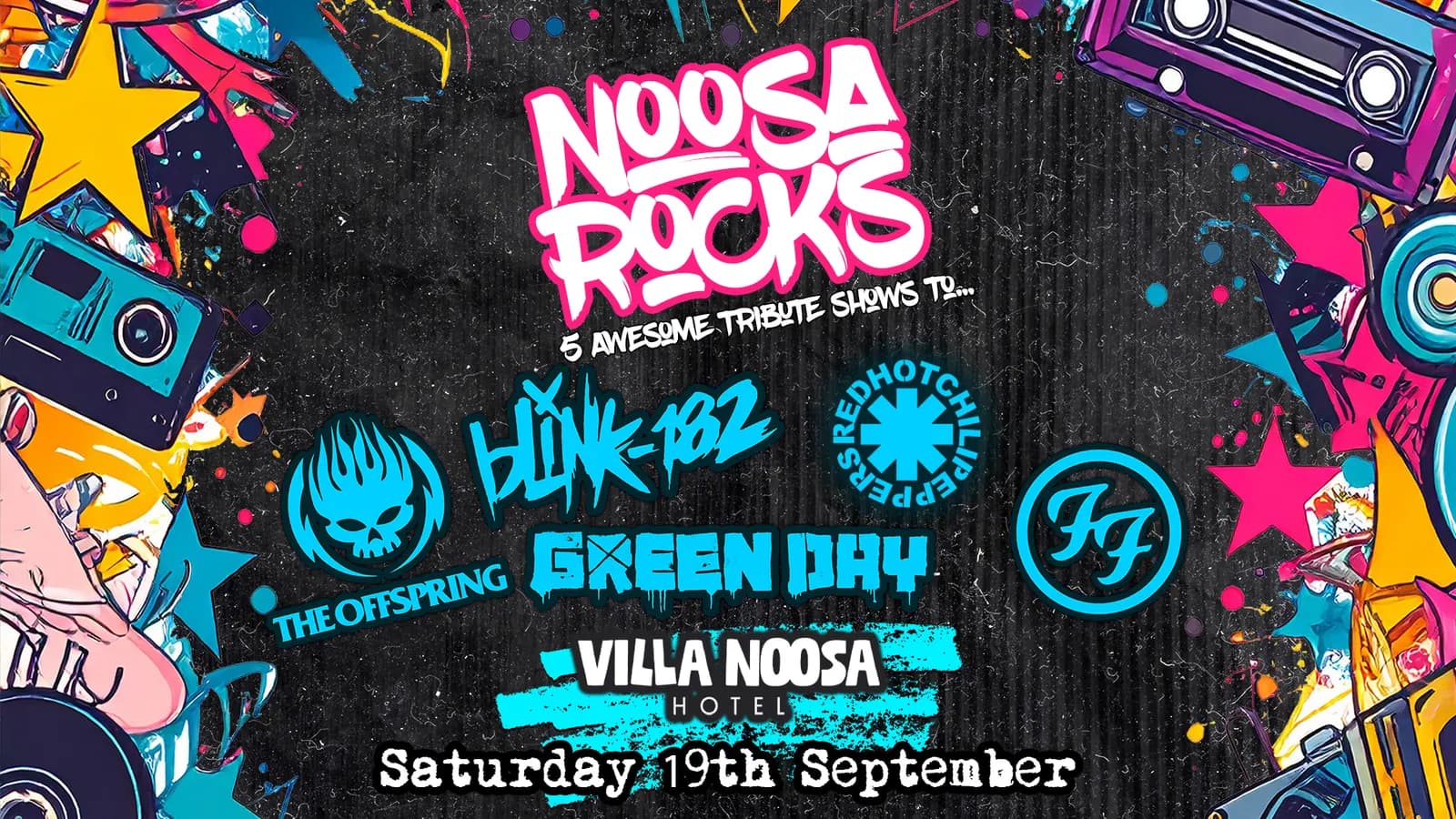 Ist möglicherweise ein Bild von ‎Text „‎NOOSA ROCKS TQ... 5 AWESOME TRIBUTE SHOWS س 樂は2 SHaddE THE THEOFTSPRING GXEEN 4אבן VILL'A VILLANOOSA NOOSA HOTE Saturday 19tl Saturday19thSer September Hy‎“‎